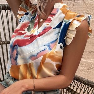 Boho Watercolor Print Ruffle Sleeve Blouse